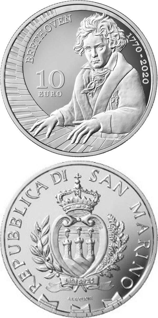 Image of 10 euro coin - 250th Anniversary of the Birth of Ludwig van Beethoven | San Marino 2020.  The Silver coin is of Proof quality.