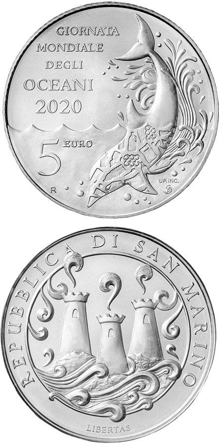 Image of 5 euro coin - World Oceans Day | San Marino 2020.  The Silver coin is of BU quality.