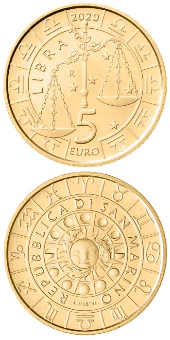 Image of 5 euro coin - Libra | San Marino 2020.  The Bronze coin is of UNC quality.