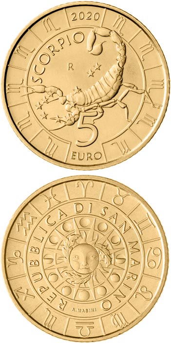 Image of 5 euro coin - Scorpio | San Marino 2020.  The Bronze coin is of UNC quality.