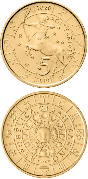 Image of 5 euro coin - Saggitarius | San Marino 2020.  The Bronze coin is of UNC quality.
