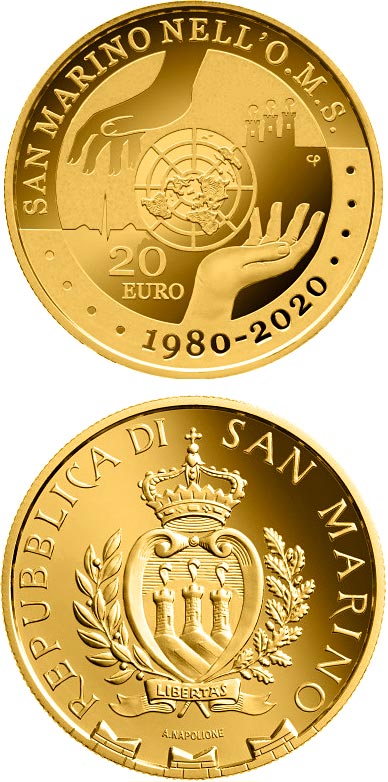 Image of 20 euro coin - 40th anniversary of the accession of San Marino to the OMS | San Marino 2020.  The Gold coin is of Proof quality.