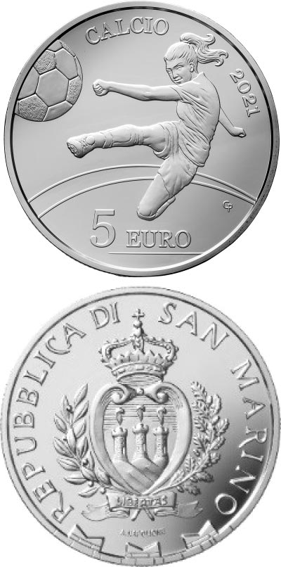 Image of 5 euro coin - Football 2021 | San Marino 2021.  The Silver coin is of Proof quality.