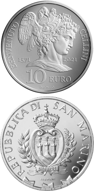 Image of 10 euro coin - 450th anniversary of the death of Benvenuto Cellini | San Marino 2021.  The Silver coin is of Proof quality.