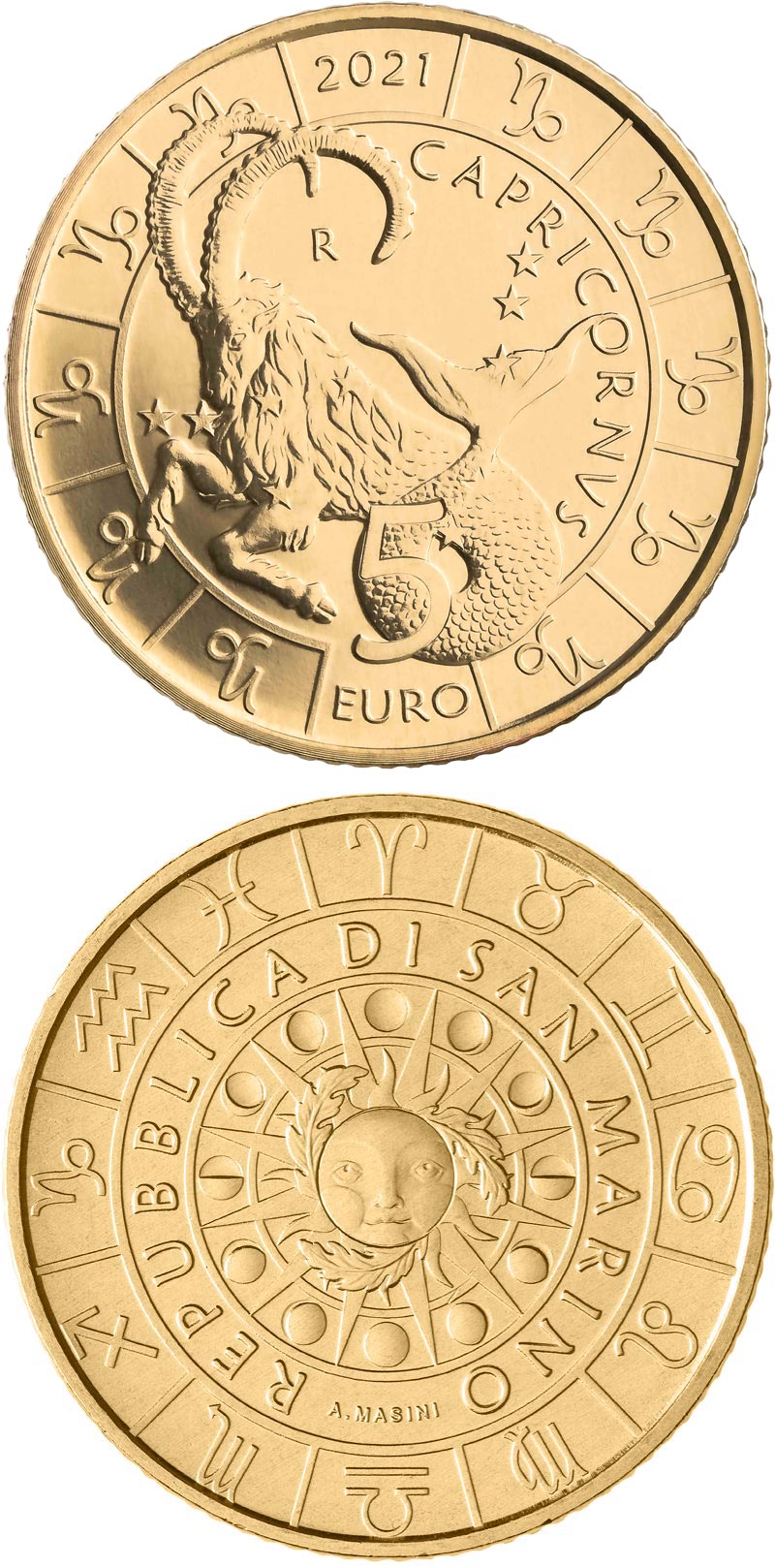 Image of 5 euro coin - Capricorn | San Marino 2021.  The Bronze coin is of UNC quality.