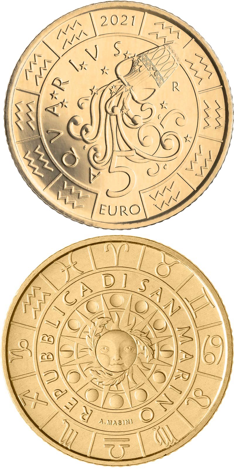 Image of 5 euro coin - Aquarius | San Marino 2021.  The Bronze coin is of UNC quality.