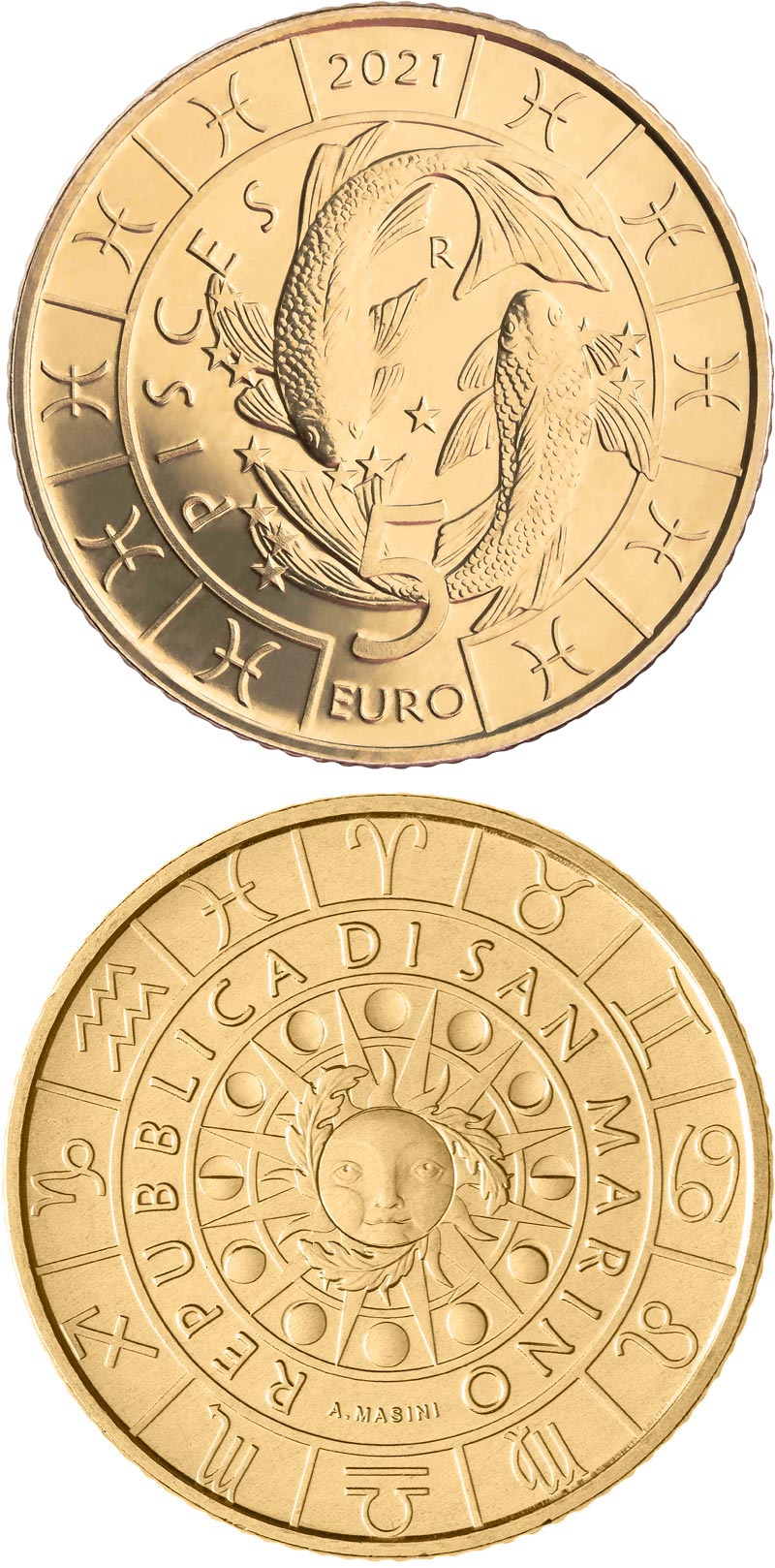 Image of 5 euro coin - Pisces | San Marino 2021.  The Bronze coin is of UNC quality.