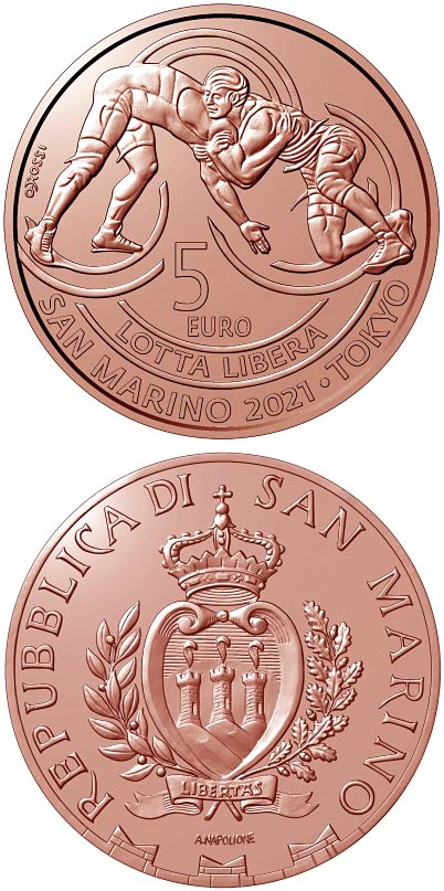 Image of 5 euro coin - Victory in freestyle wrestling in Tokyo | San Marino 2021.  The Copper coin is of BU quality.