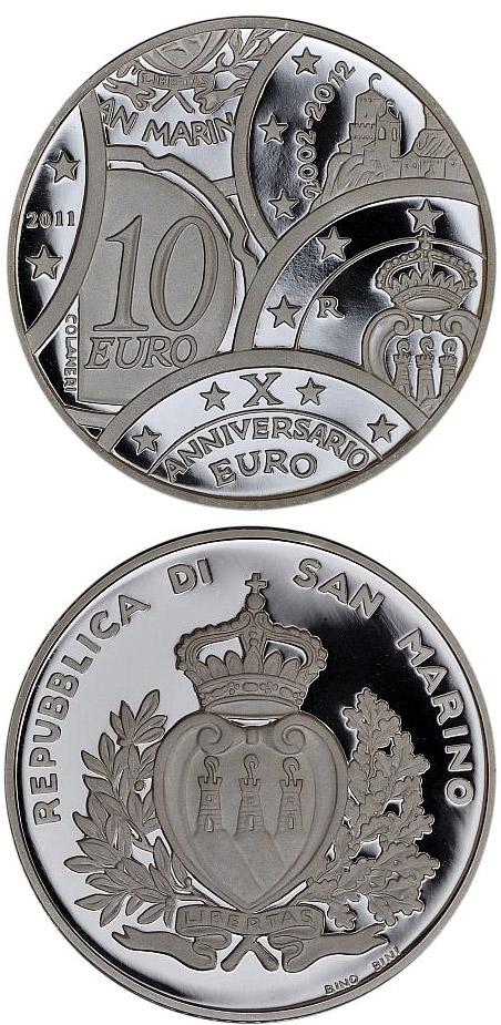 Image of 10 euro coin - 10 Years of Euro Coins and Banknotes | San Marino 2011.  The Silver coin is of Proof quality.