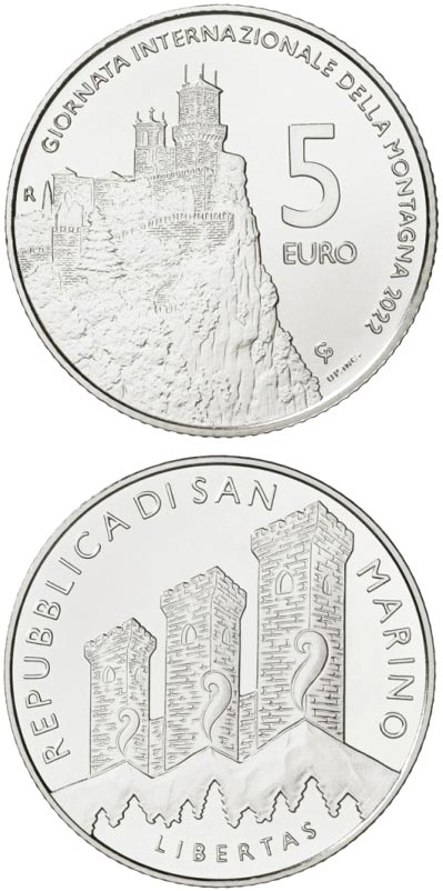 Image of 5 euro coin - International Mountain Day | San Marino 2022.  The Silver coin is of BU quality.