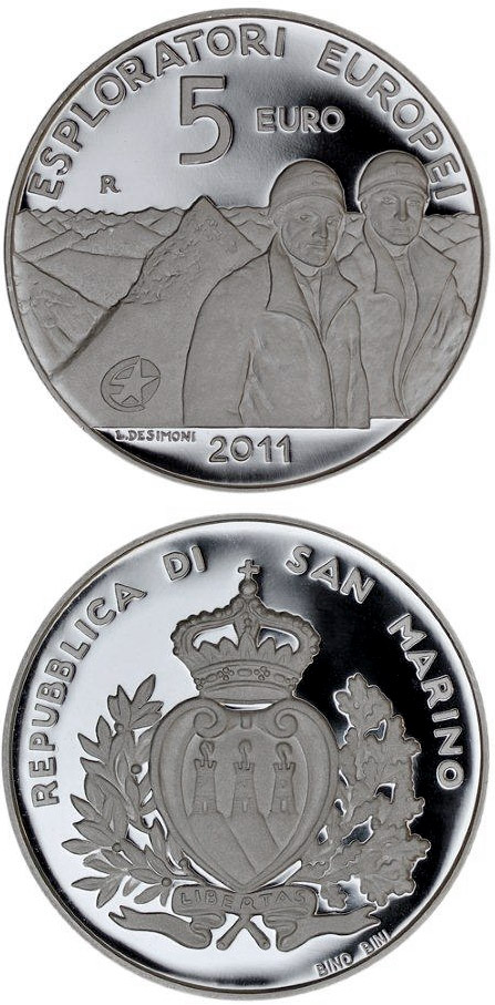 Image of 5 euro coin - European Explorers: Antonio and Roberto Pazzaglia | San Marino 2011.  The Silver coin is of Proof quality.