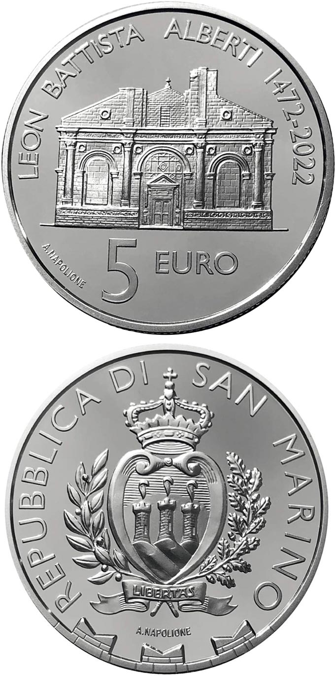 Image of 5 euro coin - 550th anniversary of the death of Leon Battista Alberti | San Marino 2022.  The Silver coin is of Proof quality.