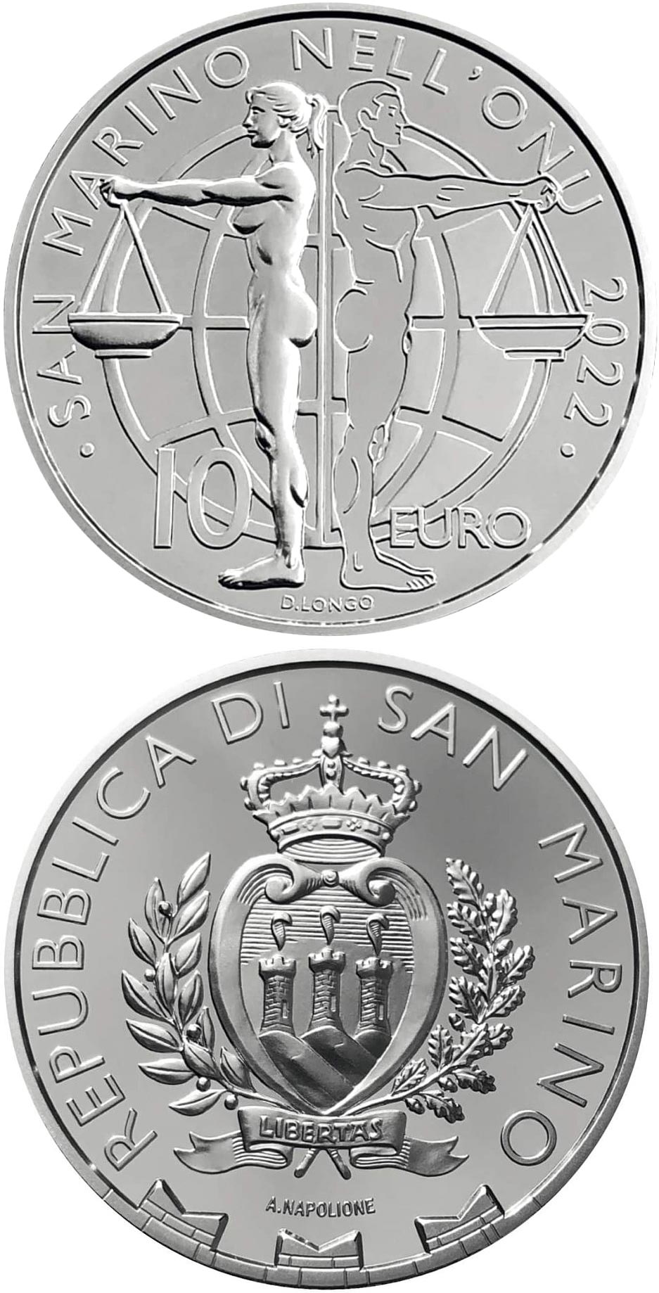 Image of 10 euro coin - 30th anniversary of San Marino in the UN | San Marino 2022.  The Silver coin is of Proof quality.