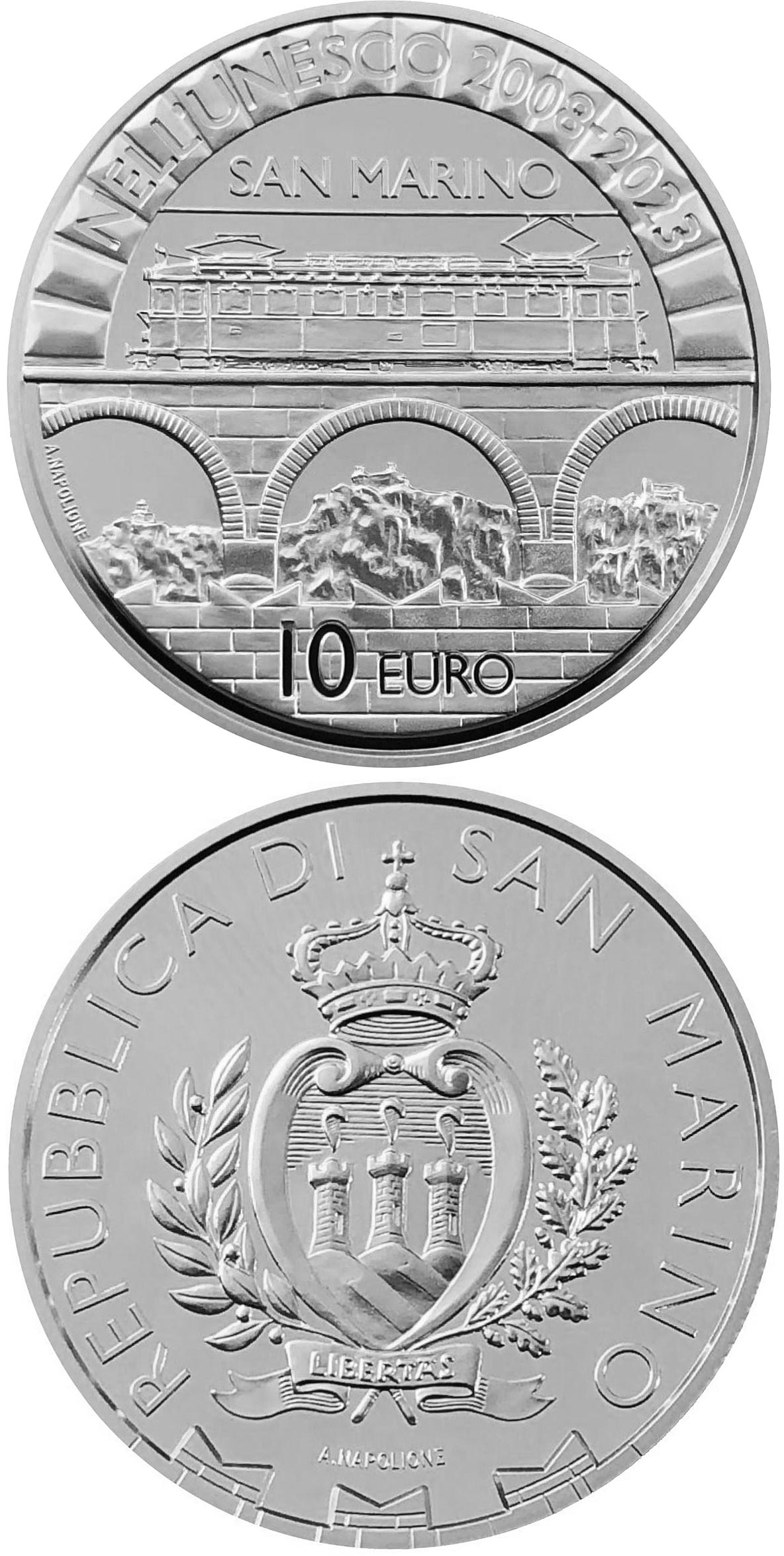 Image of 10 euro coin - 15th Anniversary of the inclusion of the San Marino Old Town and Mount Titano in the UNESCO World Heritage List | San Marino 2023.  The Silver coin is of Proof quality.