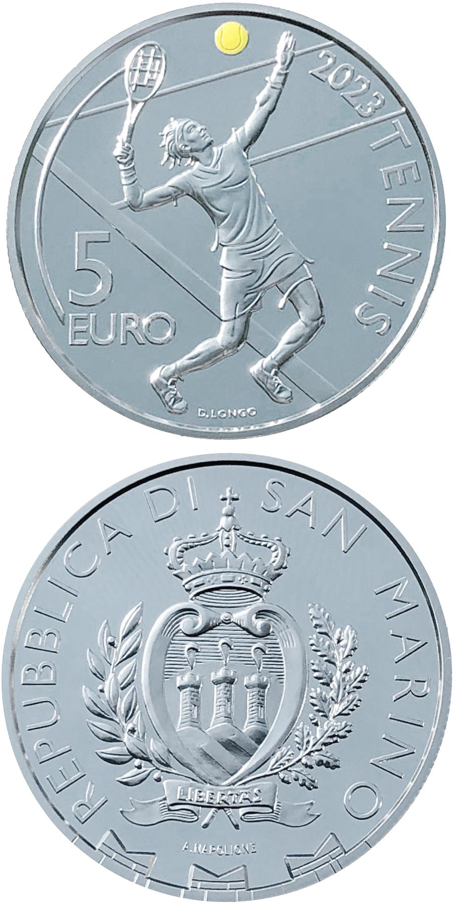 Image of 5 euro coin - 30th edition of the International San Marino Open Tennis Tournament | San Marino 2023.  The Silver coin is of Proof quality.