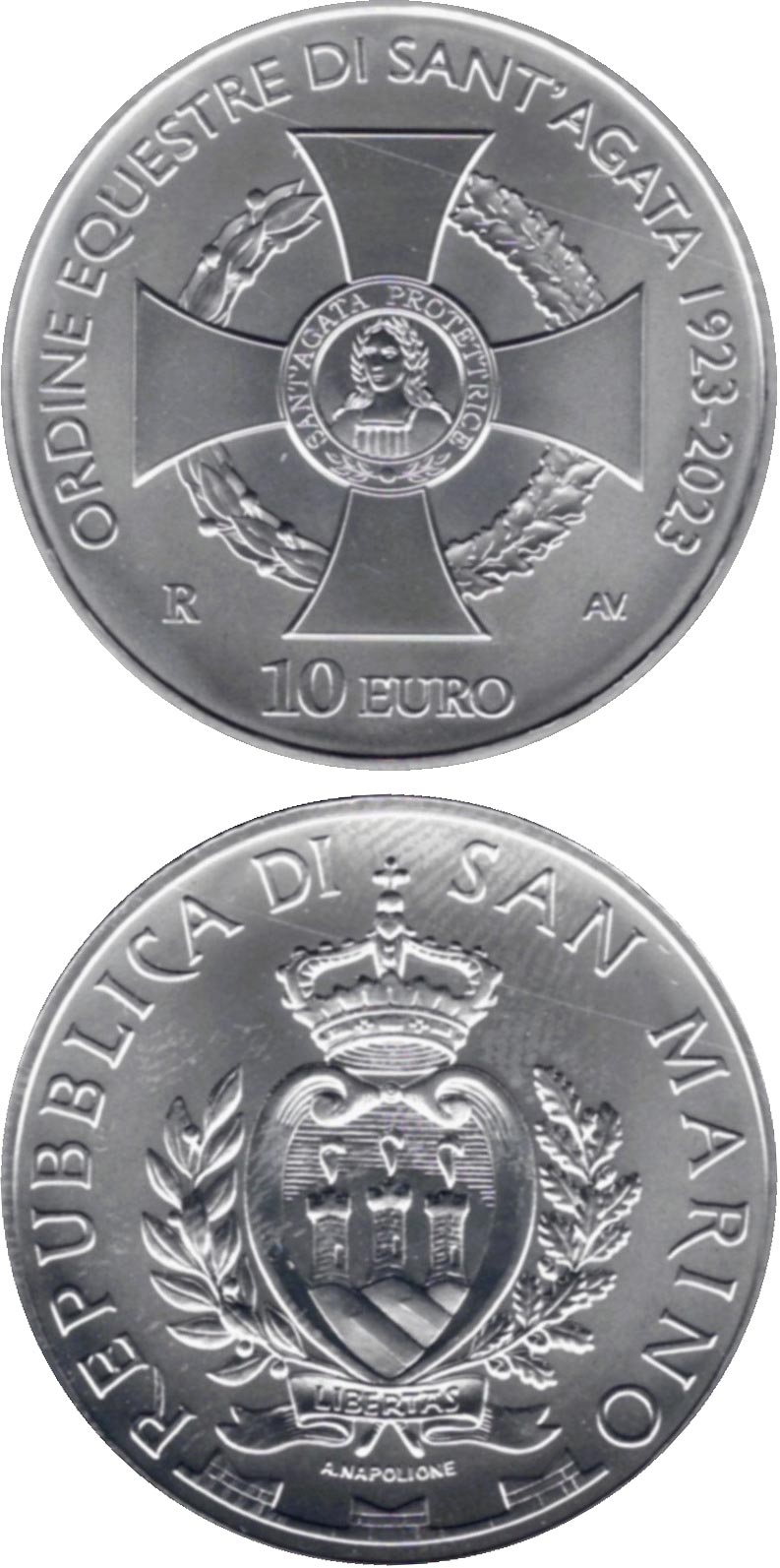 Image of 10 euro coin - Centenary of the Institution of the Equestrian Order of Saint Agatha | San Marino 2023.  The Silver coin is of BU quality.