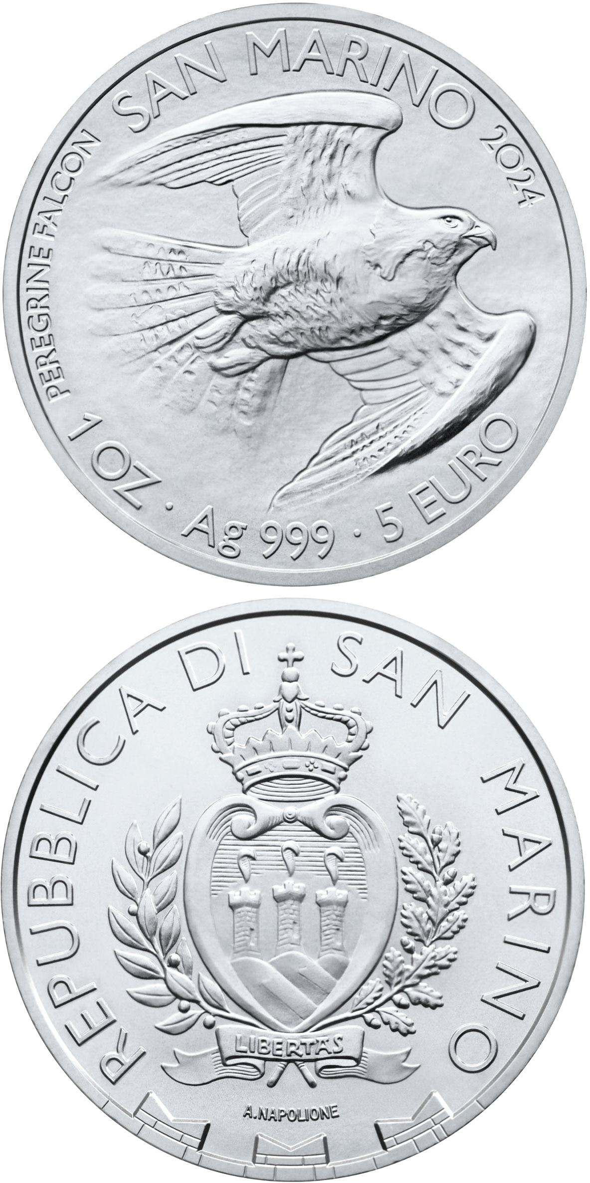 Image of 5 euro coin - Falco Pellegrino | San Marino 2024.  The Silver coin is of BU quality.