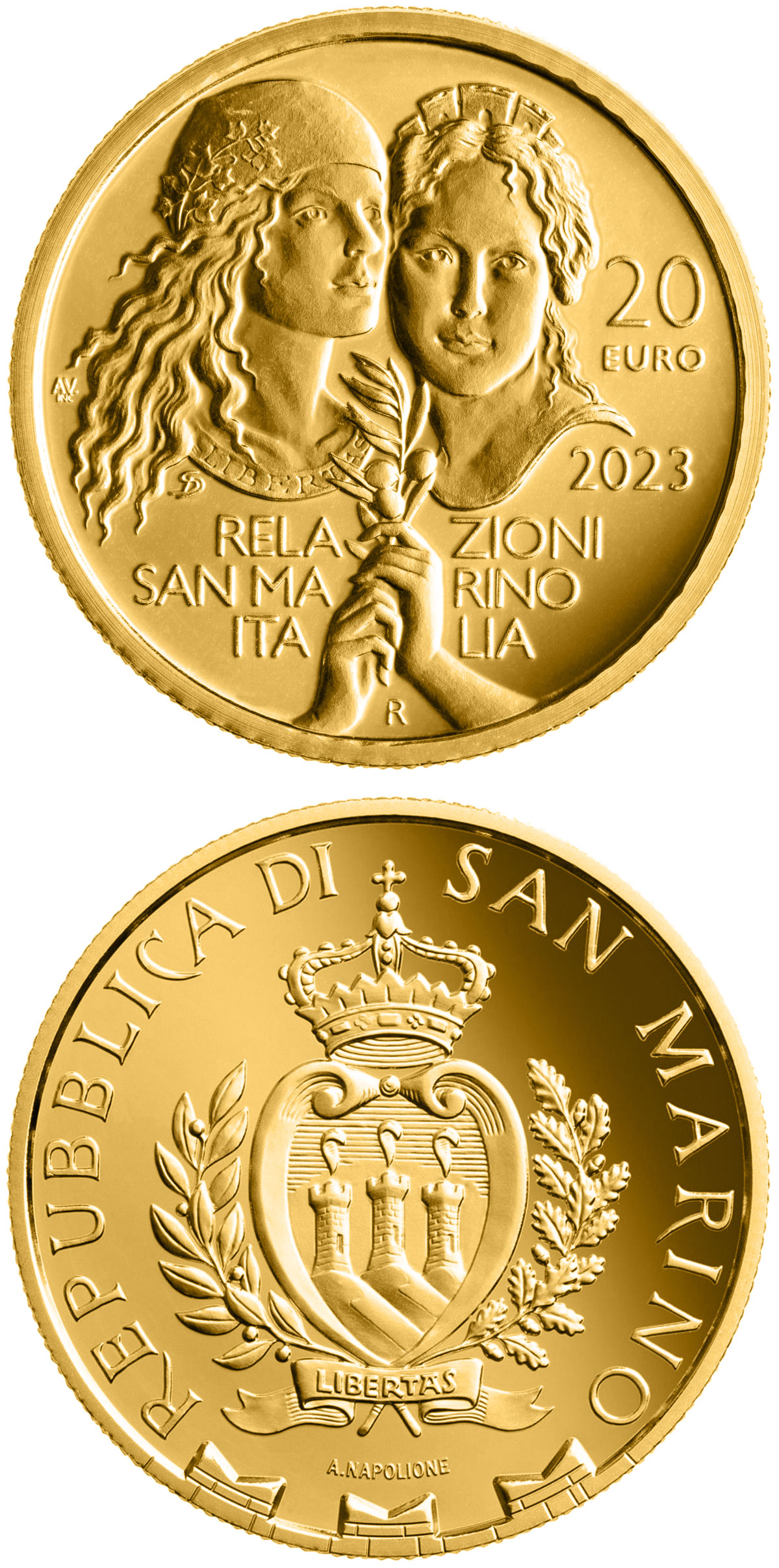 Image of 20 euro coin - Relations between San Marino and Italy | San Marino 2023.  The Gold coin is of BU quality.