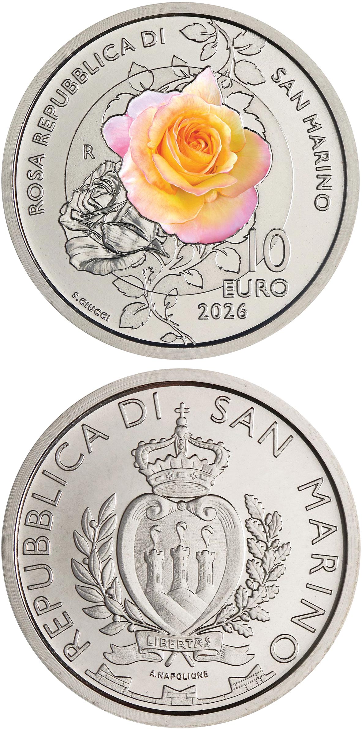 Image of 10 euro coin - Rosa Repubblica di San Marino | San Marino 2026.  The Bimetal: CuNi, nordic gold coin is of BU quality.