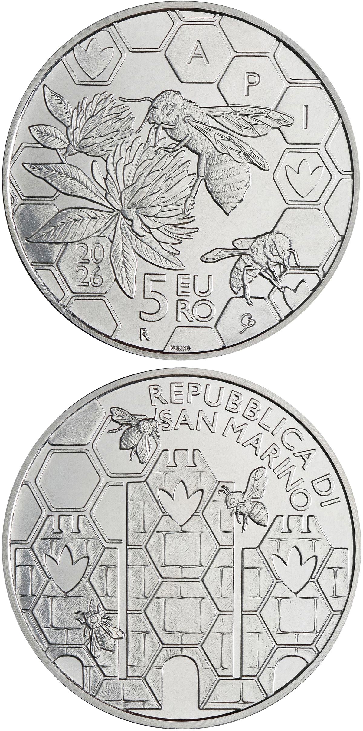 Image of 5 euro coin - Bees | San Marino 2026.  The Silver coin is of BU quality.
