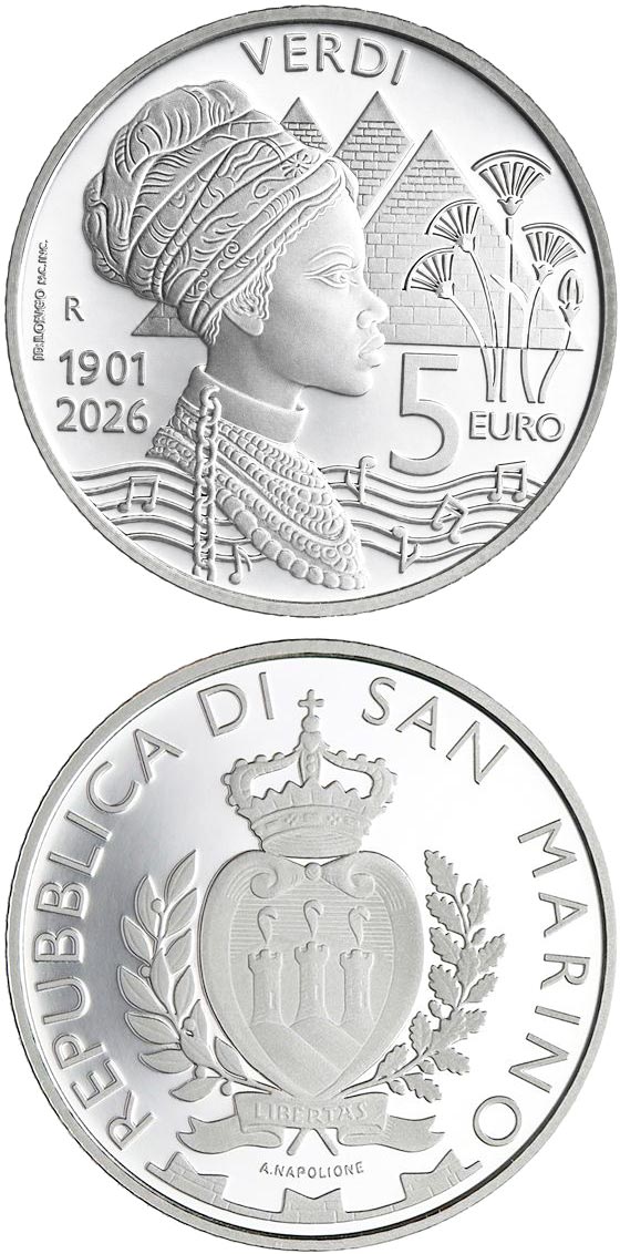 Image of 5 euro coin - 125th anniversary of the death of Giuseppe Verdi | San Marino 2026. The Silver coin is of Proof quality. Image of 5 euro coin - 125th anniversary of the death of Giuseppe Verdi | San Marino 2026. The Silver coin is of Proof quality.