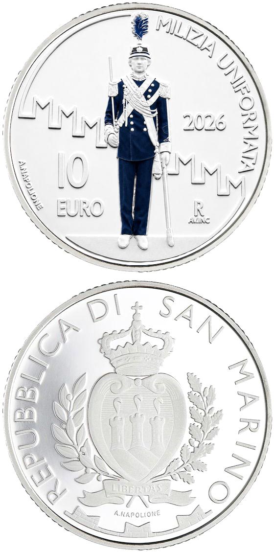 Image of 10 euro coin - Uniformed Militia Company | San Marino 2026. The Silver coin is of Proof quality. Image of 10 euro coin - Uniformed Militia Company | San Marino 2026. The Silver coin is of Proof quality.