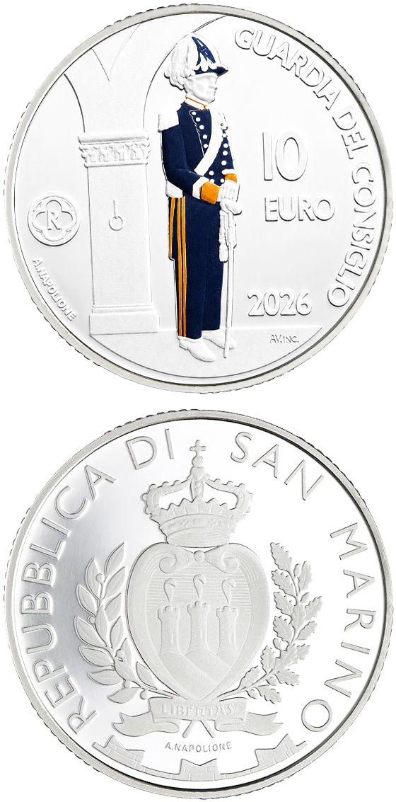 Image of 10 euro coin - Guard of the Grand and General Council | San Marino 2026. The Silver coin is of Proof quality. Image of 10 euro coin - Guard of the Grand and General Council | San Marino 2026. The Silver coin is of Proof quality.