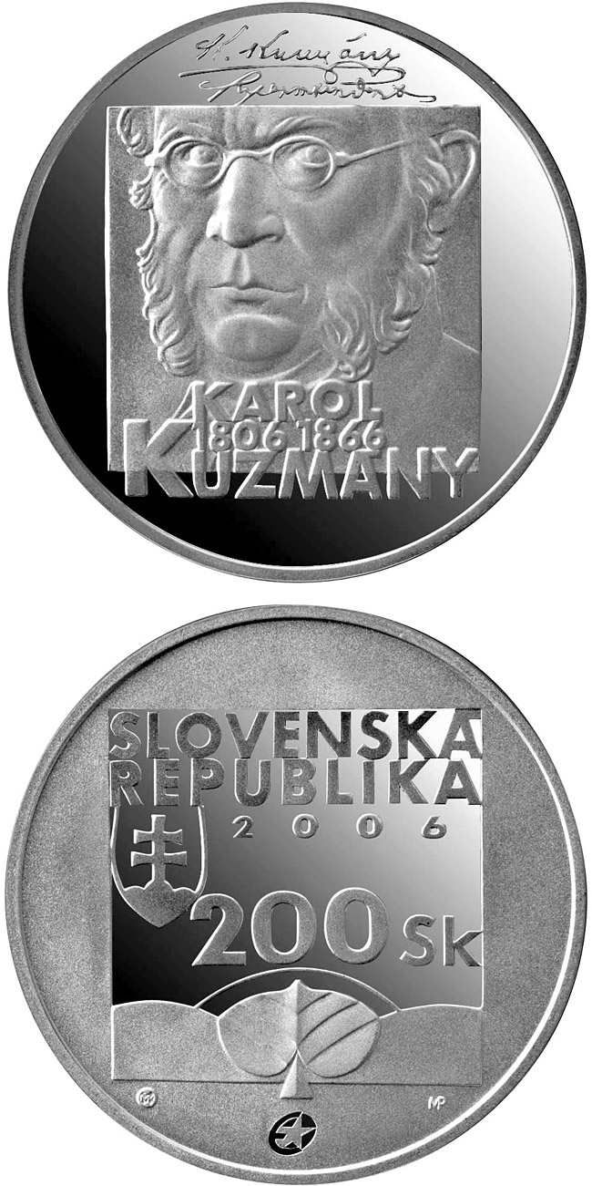 Image of 200 crowns coin - 200th Anniversary of the Birth ot the Karol Kuzmany | Slovakia 2006.  The Silver coin is of Proof, BU quality.