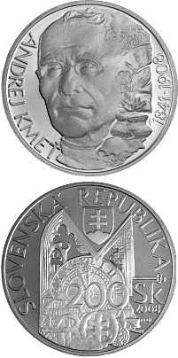 Image of 200 crowns coin - Andrej Kmet - the 100th Anniversary of the Death | Slovakia 2008.  The Silver coin is of Proof, BU quality.