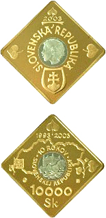 Image of 10000 crowns coin - The Tenth Anniversary of the Birth of the Slovak Republic | Slovakia 2003.  The Gold coin is of Proof quality.