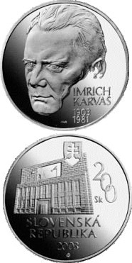 Image of 200 crowns coin - The centenary of the birth of Imrich Karvas | Slovakia 2003.  The Silver coin is of Proof, BU quality.