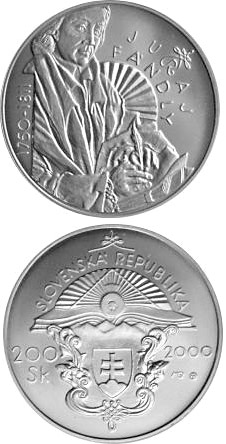 Image of 200 crowns coin - The 250th anniversary of the birth of Juraj Fandly | Slovakia 2000.  The Silver coin is of Proof, BU quality.
