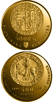 Image of 5000 crowns coin - The 500th anniversary of the striking of the first Thaler coins in Kremnica | Slovakia 1999.  The Gold coin is of Proof quality.