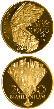 Image of 10000 crowns coin - The Jubilee Year 2000 - Bimillennium | Slovakia 2000.  The Gold coin is of Proof quality.