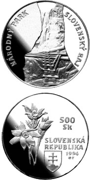 Image of 500 crowns coin - The Slovensky Raj National Park | Slovakia 1994.  The Silver coin is of Proof, BU quality.