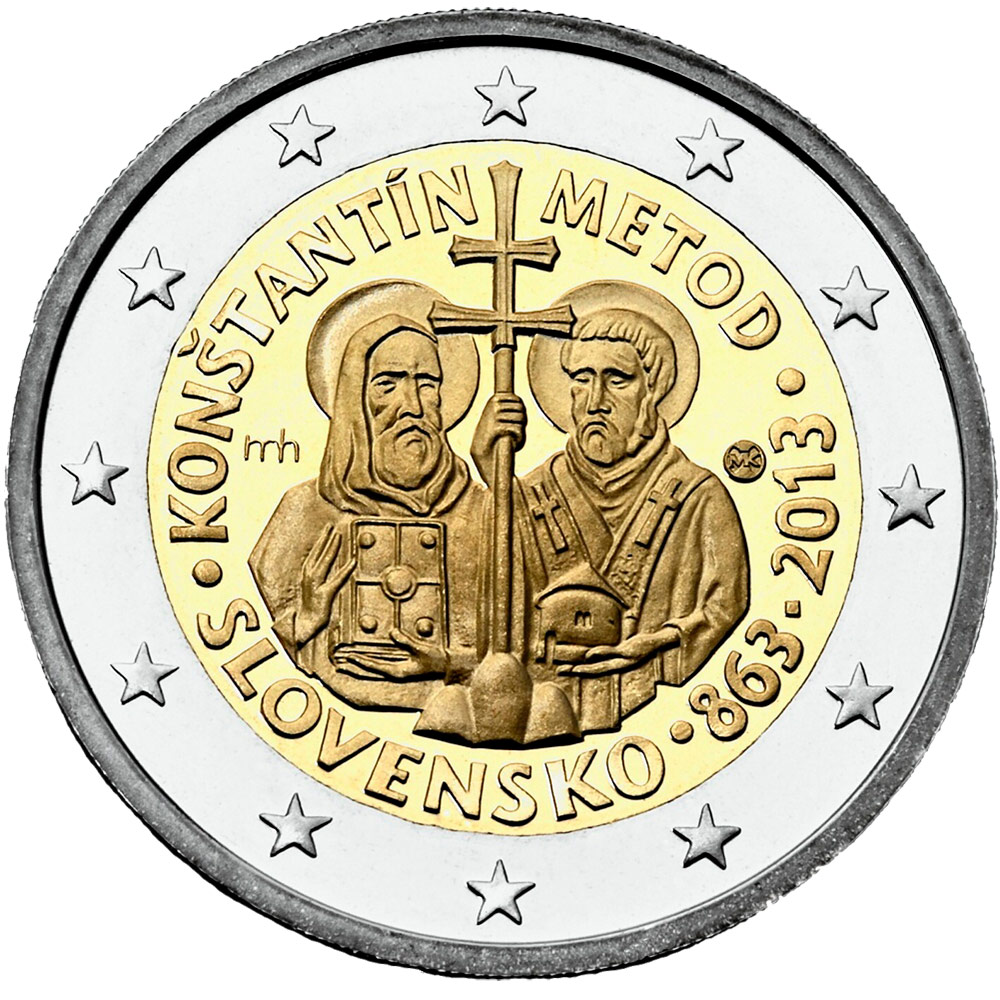 Image of 2 euro coin - Príchod byzantskej misie sv. Cyrila a sv. Metoda na Veľkú Moravu - 1150. výročie | Slovakia 2013