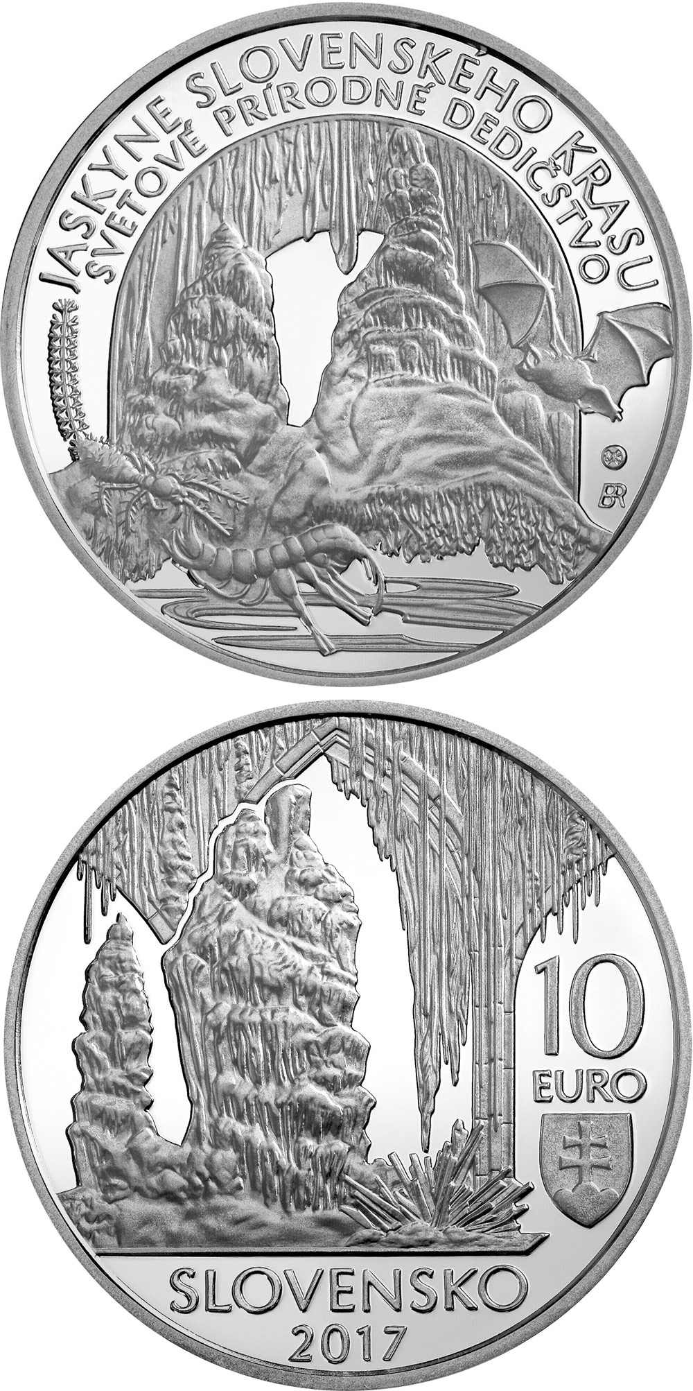 Image of 10 euro coin - World Natural Heritage - Caves of Slovak Karst | Slovakia 2017.  The Silver coin is of Proof, BU quality.