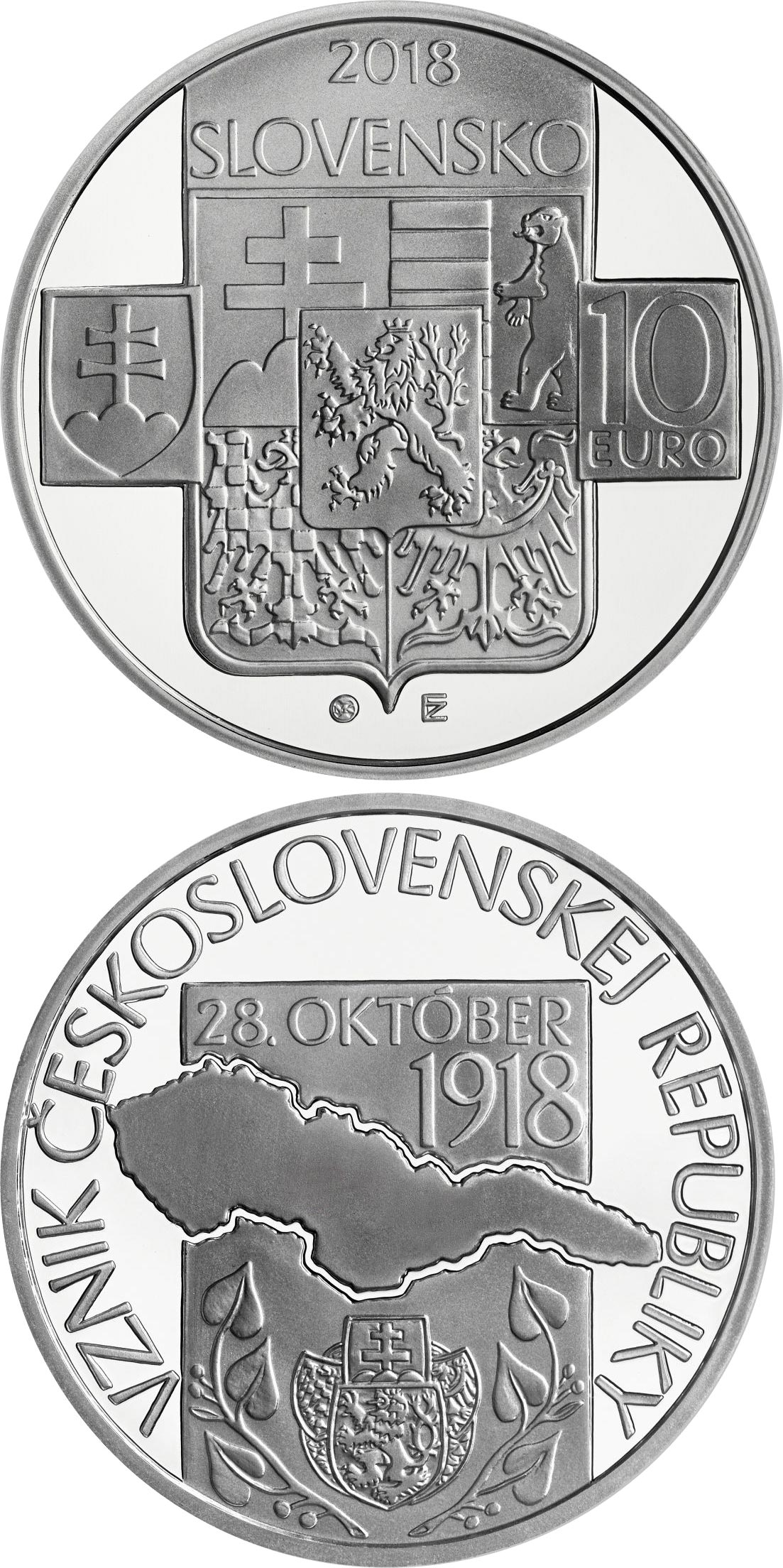 Image of 10 euro coin - 100th anniversary of the establishment of the Czechoslovak Republic | Slovakia 2018.  The Silver coin is of Proof, BU quality.