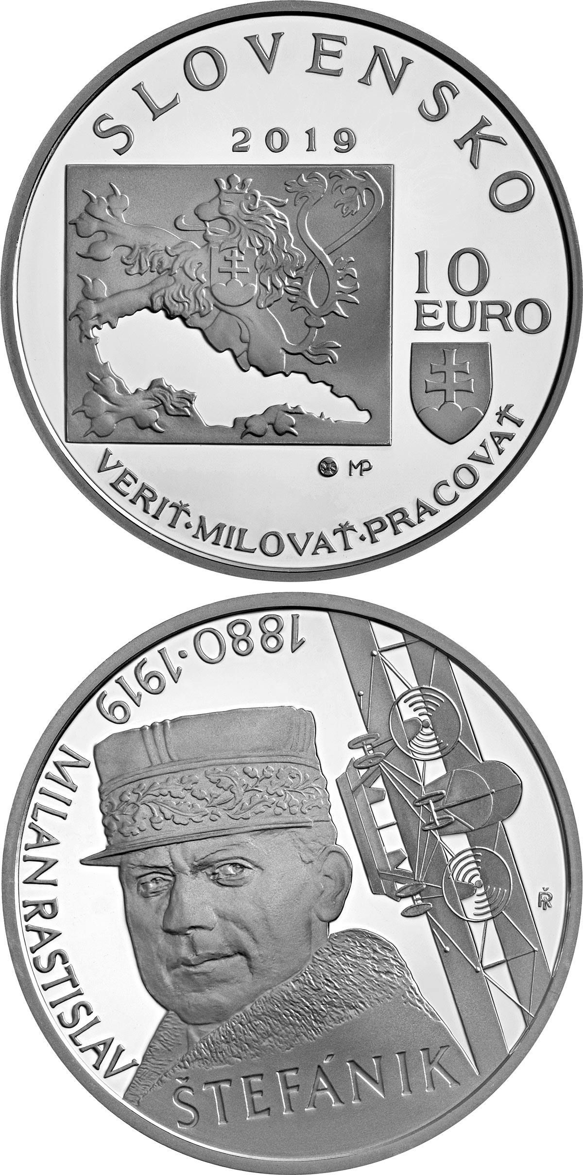 Image of 10 euro coin - 100th anniversary of the death of Milan Rastislav Štefánik | Slovakia 2019.  The Silver coin is of Proof, BU quality.
