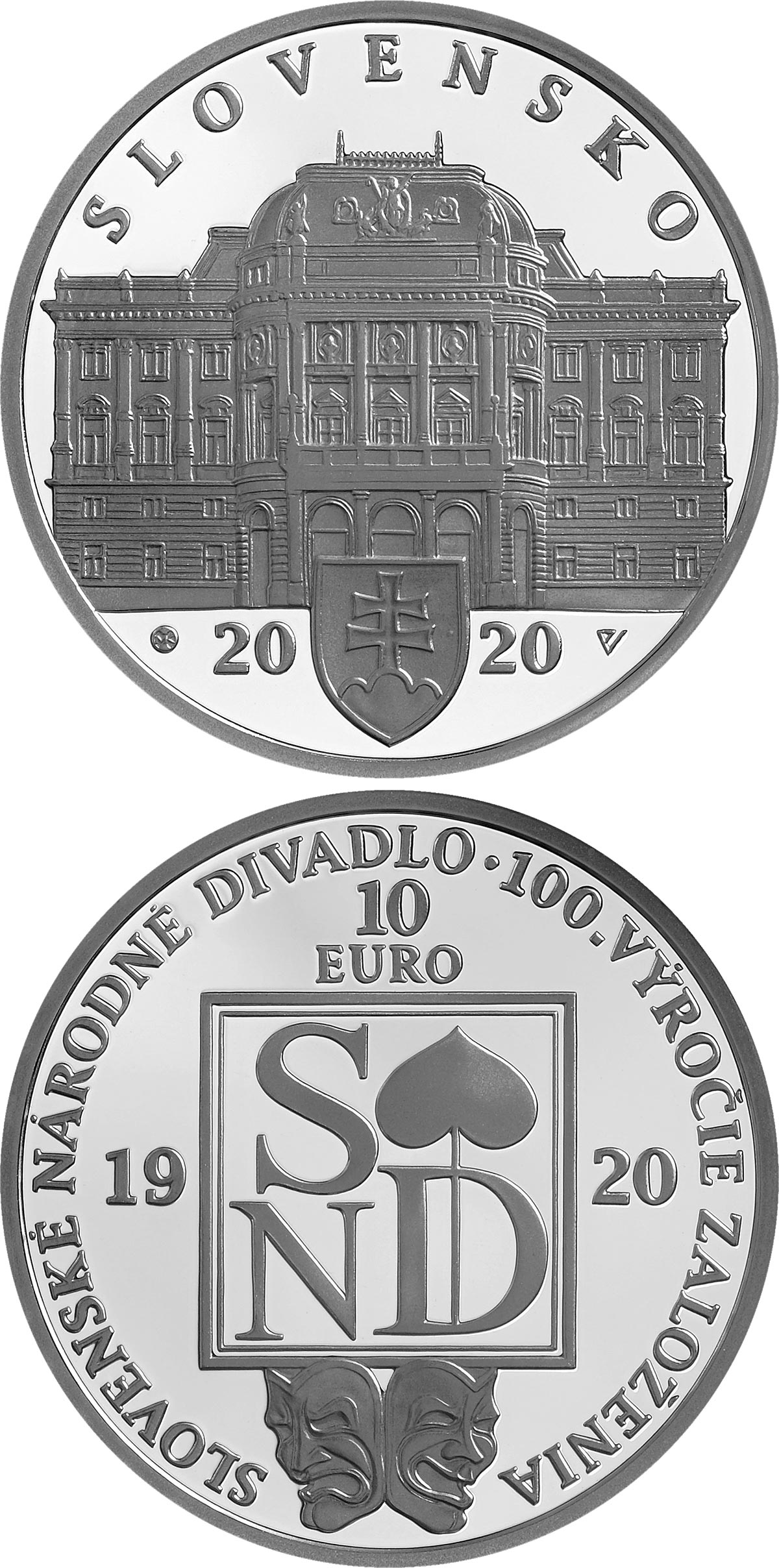 Image of 10 euro coin - 100th anniversary of the establishment of the Slovak National Theatre | Slovakia 2020.  The Silver coin is of Proof, BU quality.
