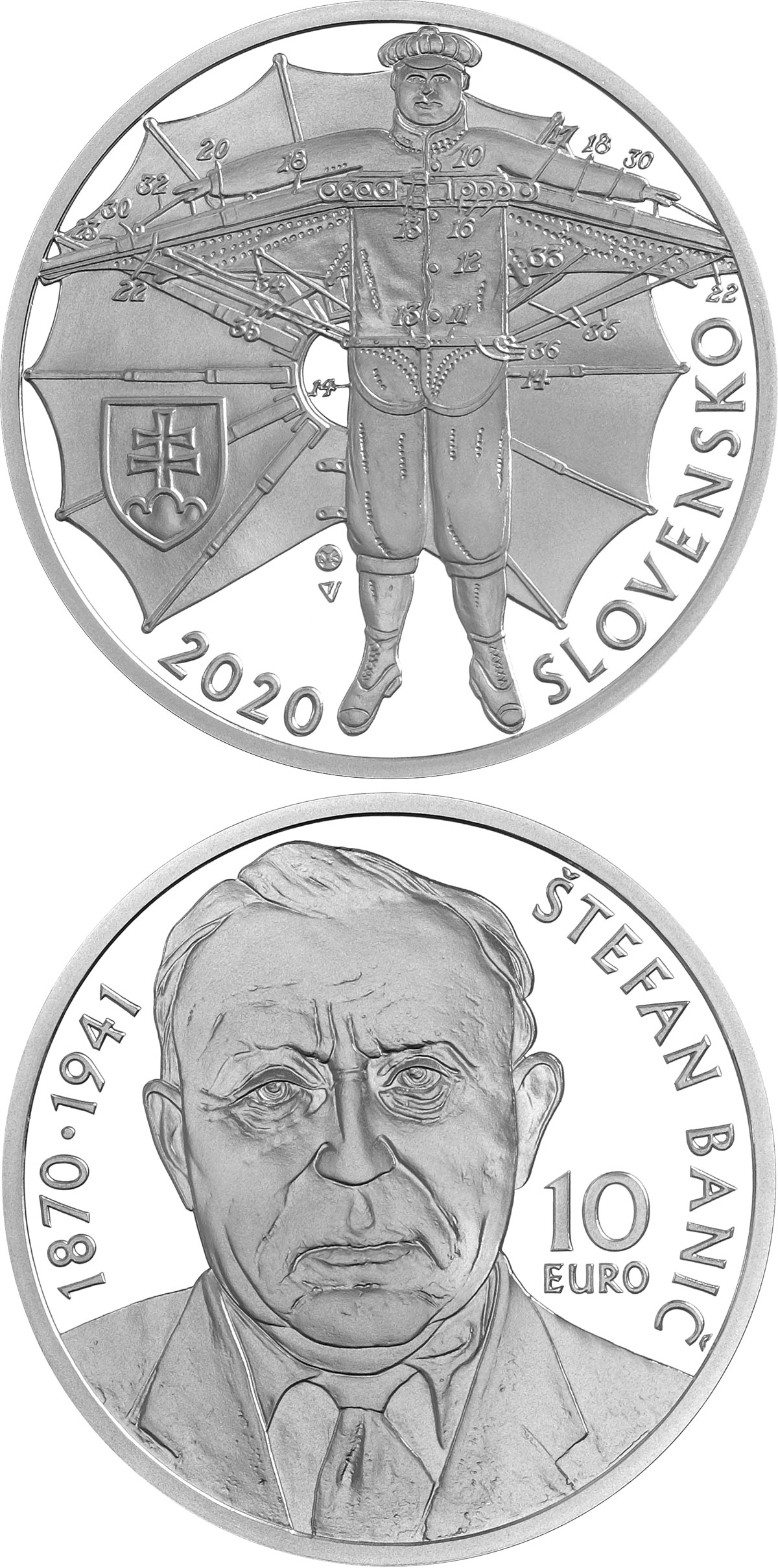 Image of 10 euro coin - 150th anniversary of the birth of Štefan Banič | Slovakia 2020.  The Silver coin is of Proof, BU quality.