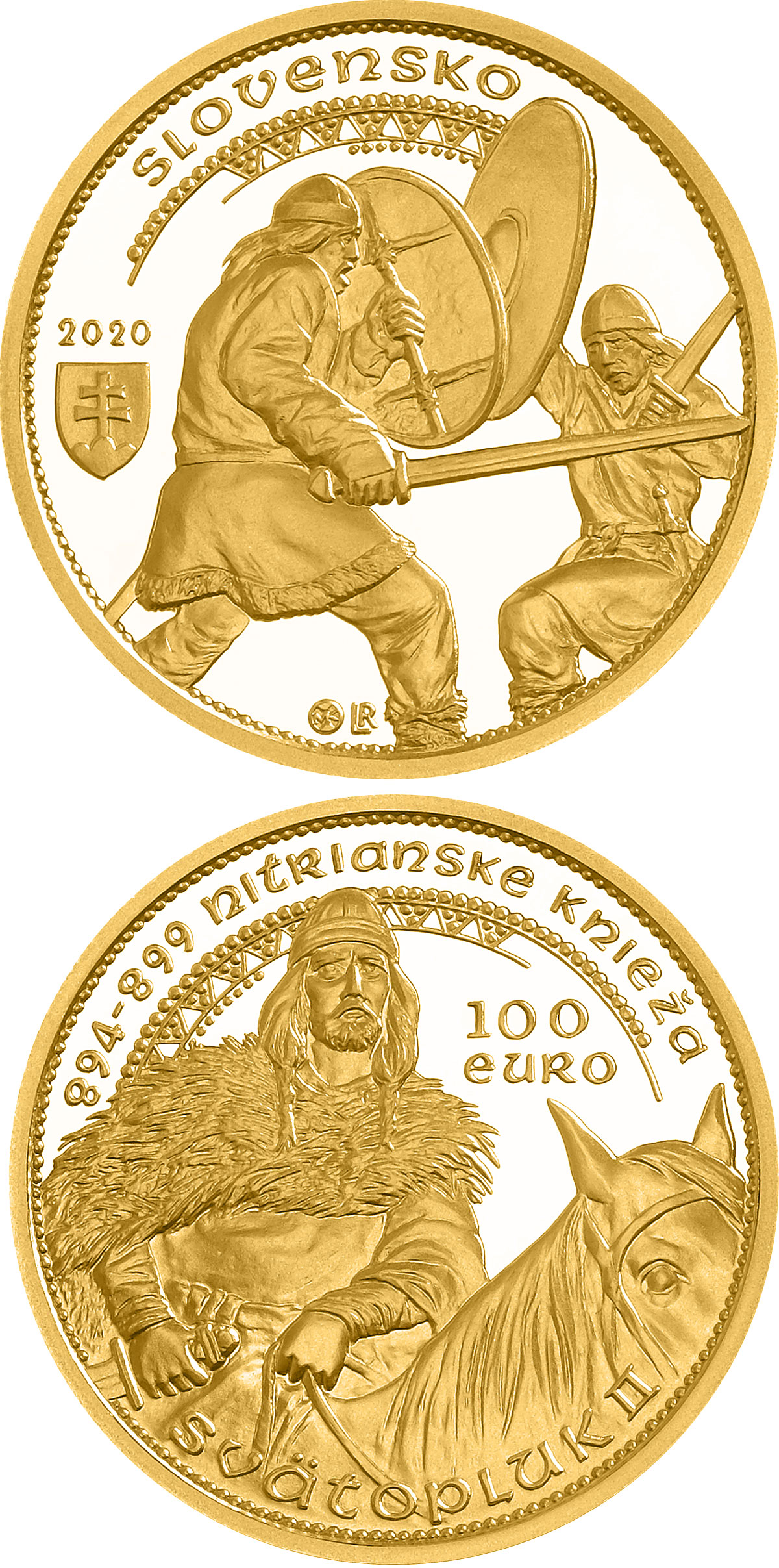 Image of 100 euro coin - Svatopluk II, Ruler of the Nitrian Principality | Slovakia 2020.  The Gold coin is of Proof quality.