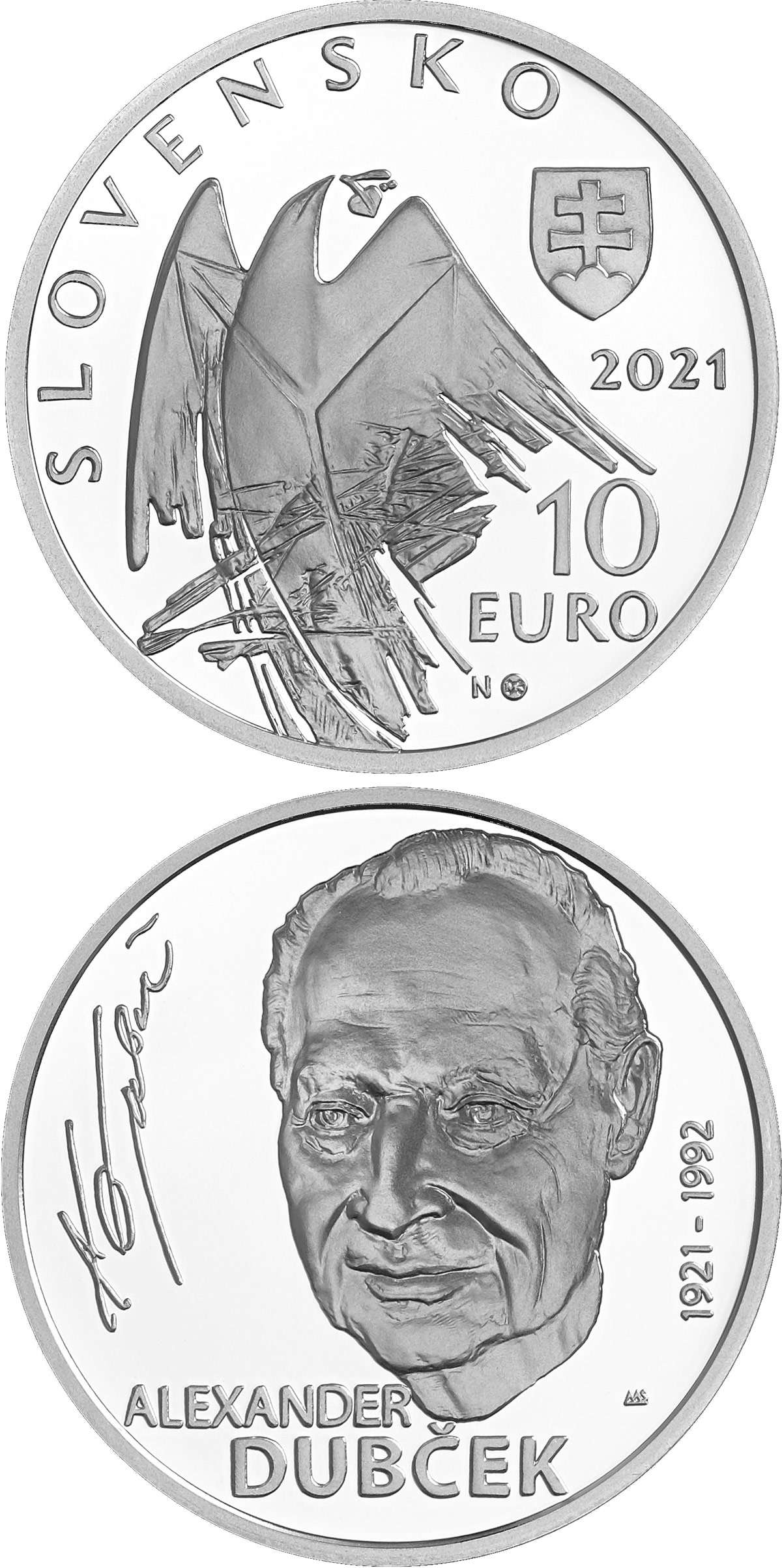 Image of 10 euro coin - 100th Anniversary of the Birth of Alexander Dubček | Slovakia 2021.  The Silver coin is of Proof, BU quality.