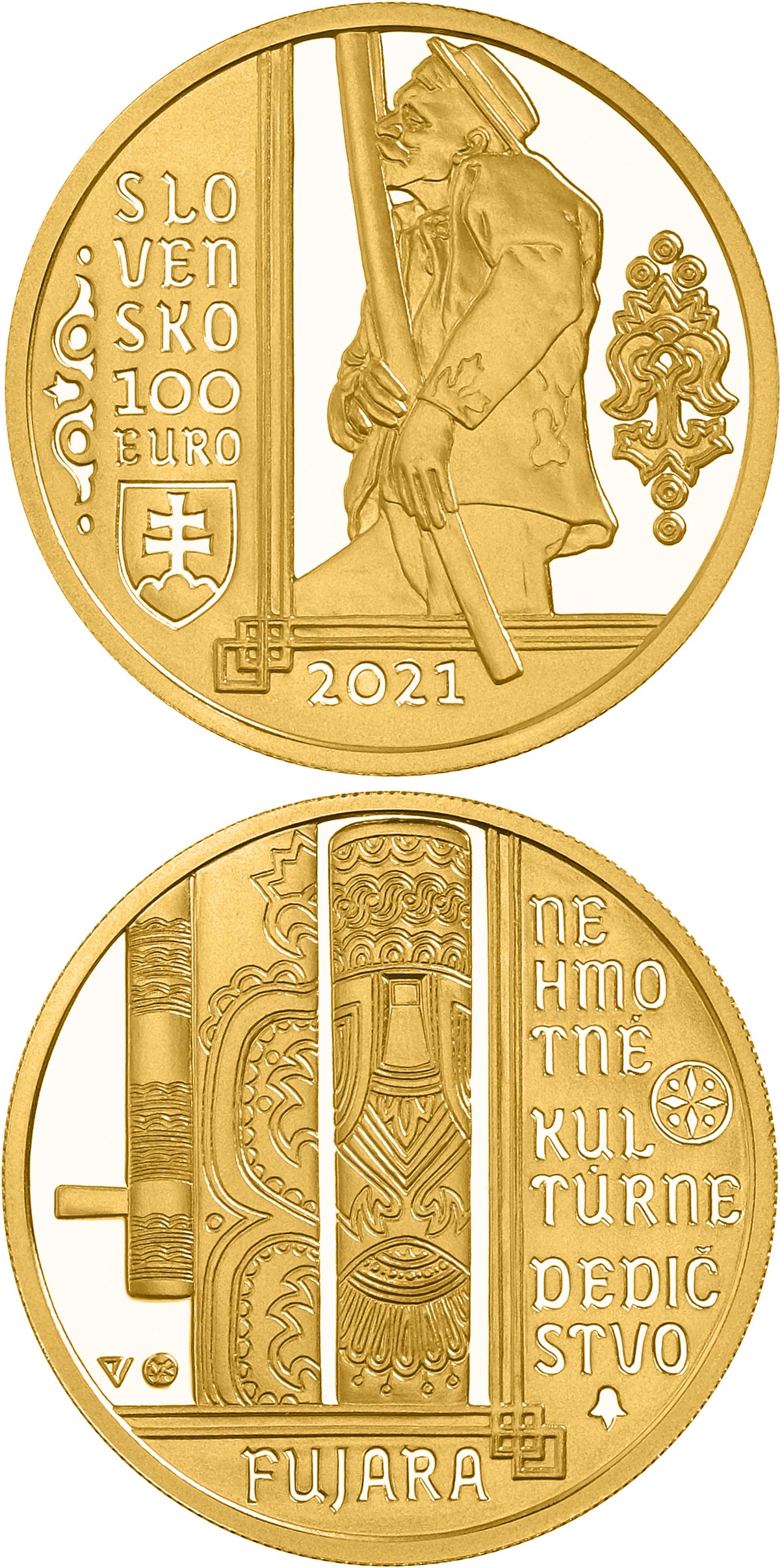 Image of 100 euro coin - UNESCO Intangible Cultural Heritage in Slovakia: The fujara and its music | Slovakia 2021.  The Gold coin is of Proof quality.