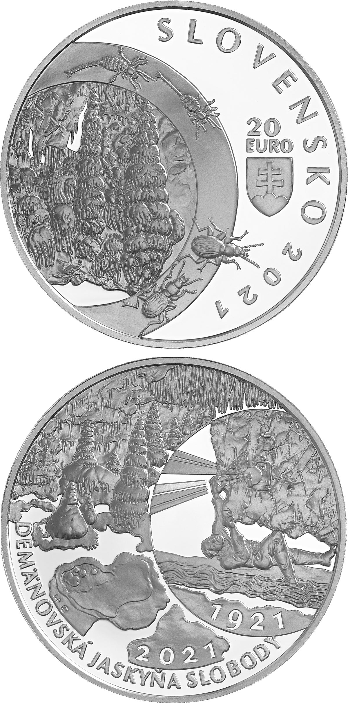 Image of 20 euro coin - 100th Anniversary of the Discovery of Demänovská Cave of Liberty | Slovakia 2021.  The Silver coin is of Proof, BU quality.