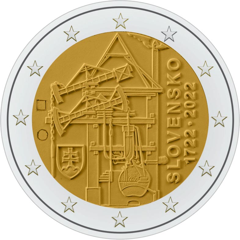 Image of 2 euro coin - 300th anniversary of the construction of the first atmospheric steam engine in continental Europe | Slovakia 2022