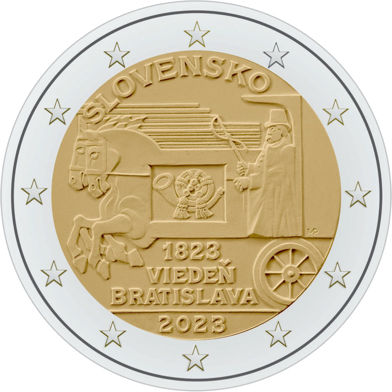 Image of 2 euro coin - 200th Anniversary of the Regular Start of Horse-drawn Express Mail
Vienna - Bratislava | Slovakia 2023