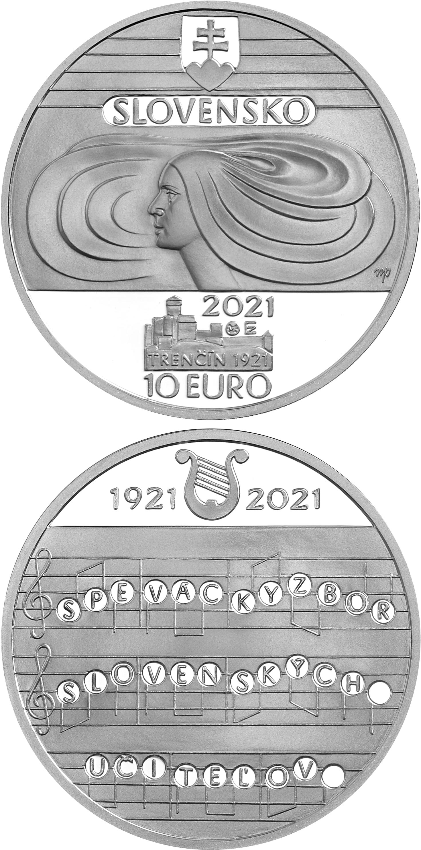 Image of 10 euro coin - 100th anniversary of the Slovak Teachers' Choir | Slovakia 2021.  The Silver coin is of Proof, BU quality.