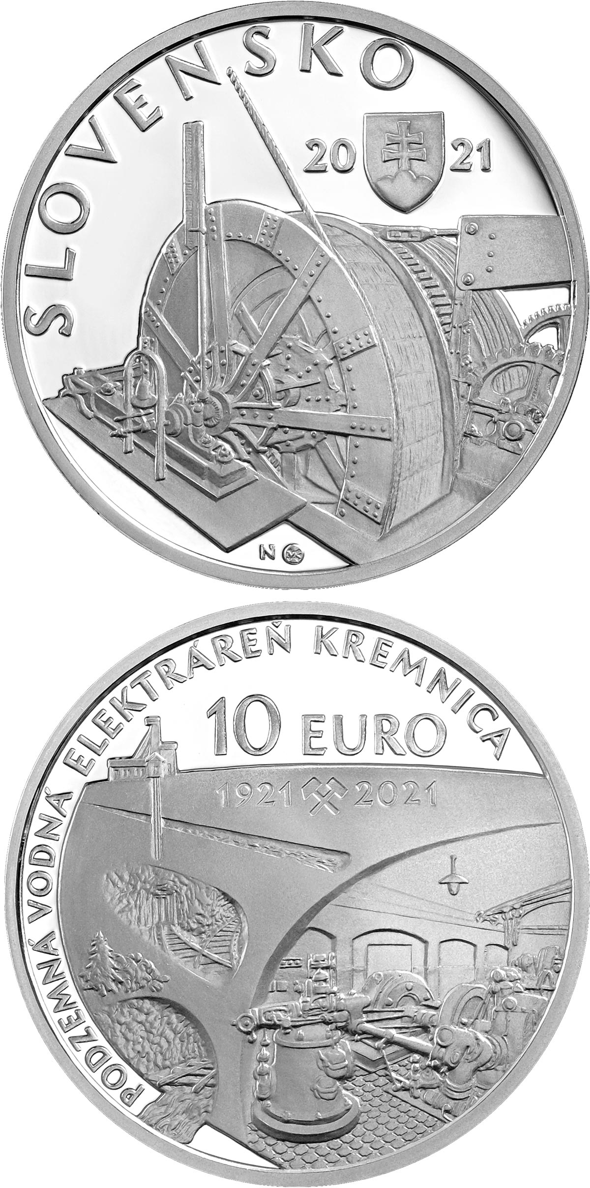 Image of 10 euro coin - 100th anniversary of the underground hydroelectric power plant in Kremnica | Slovakia 2021.  The Silver coin is of Proof, BU quality.