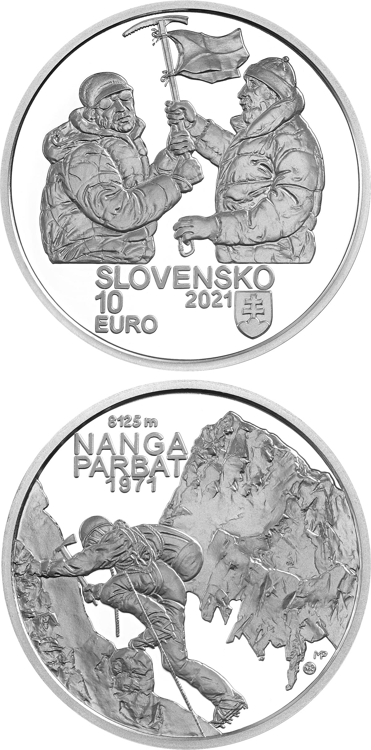 Image of 10 euro coin - 50th anniversary of the first successful ascent of an eight-thousander (Nanga Parbat) by Slovak climbers | Slovakia 2021.  The Silver coin is of Proof, BU quality.